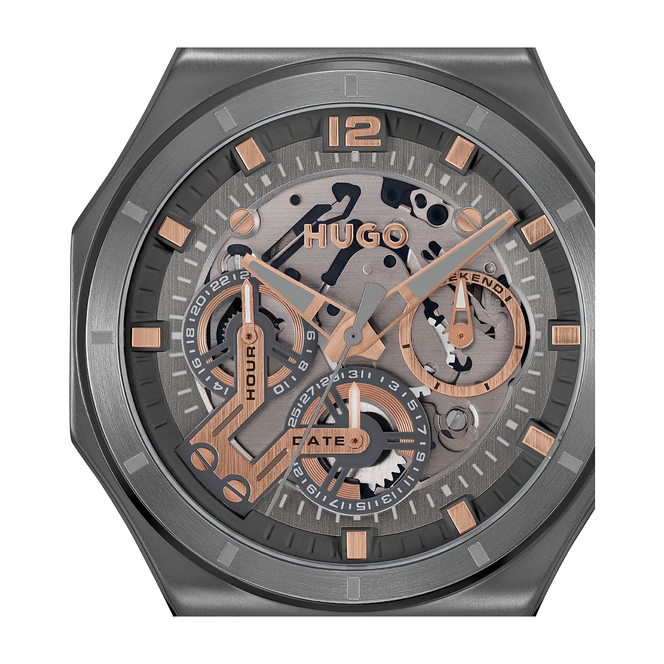 Hugo Herrenuhr mit Edelstahlgehäuse, analog, mit Datumsanzeige.