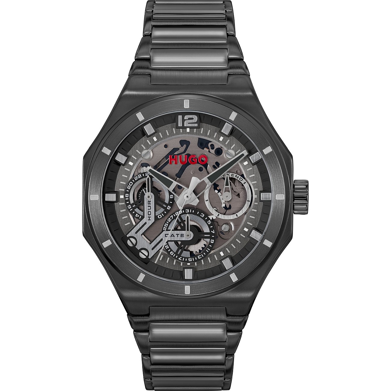 Hugo Herrenuhr aus schwarzem Edelstahl mit mechanischem Zifferblatt und silbernen Details, vollständig sichtbar.