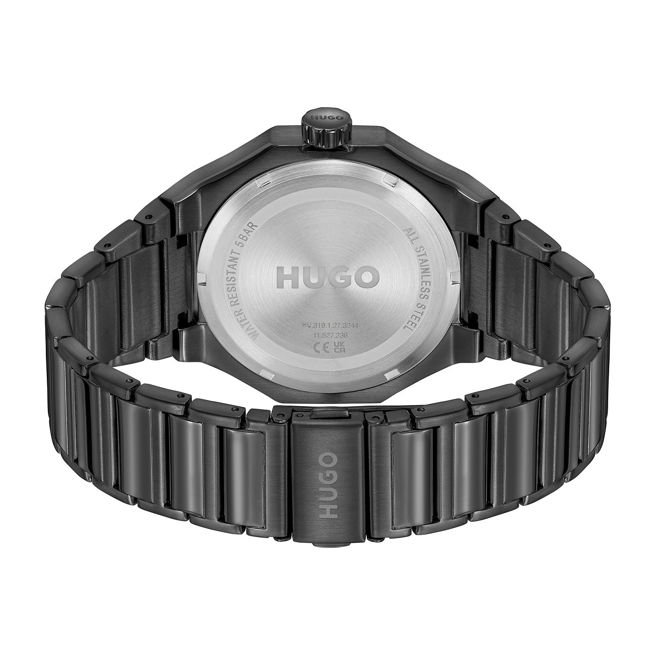 Rückseite einer schwarzen Hugo Herrenuhr aus Edelstahl mit „HUGO“ Gravur auf dem Gehäuseboden und der Schließe.