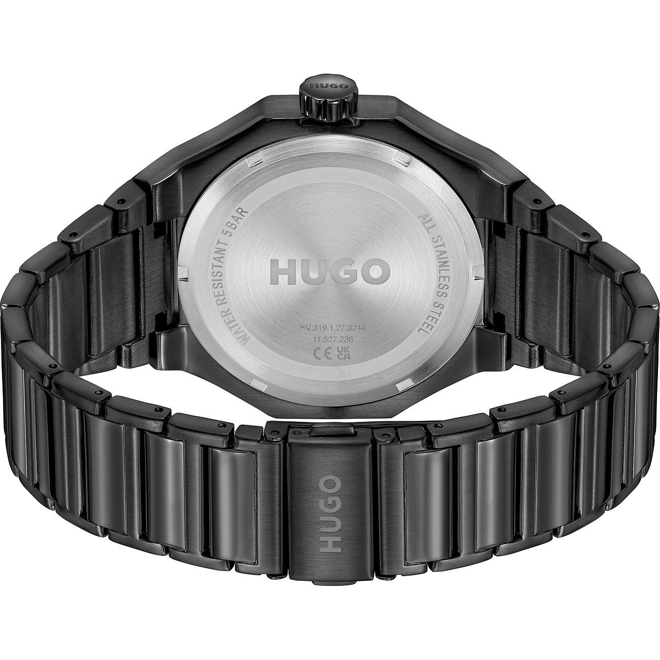 Rückansicht der Hugo Herrenuhr aus schwarzem Edelstahl mit graviertem Hugo-Logo und technischen Details.