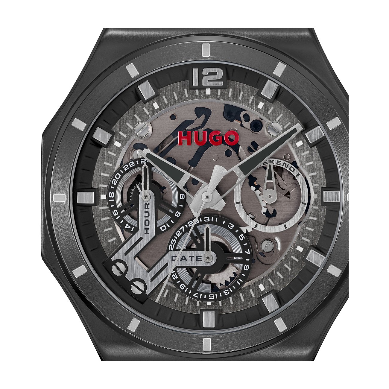 Nahaufnahme einer grauen Hugo Herrenuhr aus Edelstahl mit Skelettzifferblatt und roten Akzenten auf dem Markenlogo.