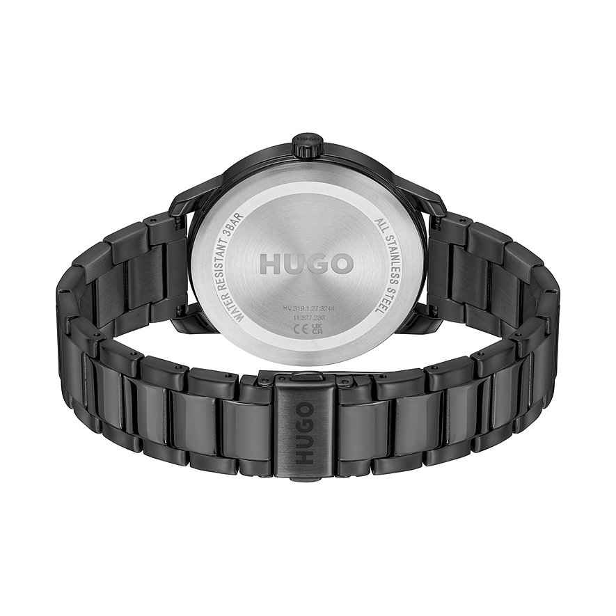 Hugo Herrenuhr mit Edelstahlgehäuse, analog, schwarzes Armband.