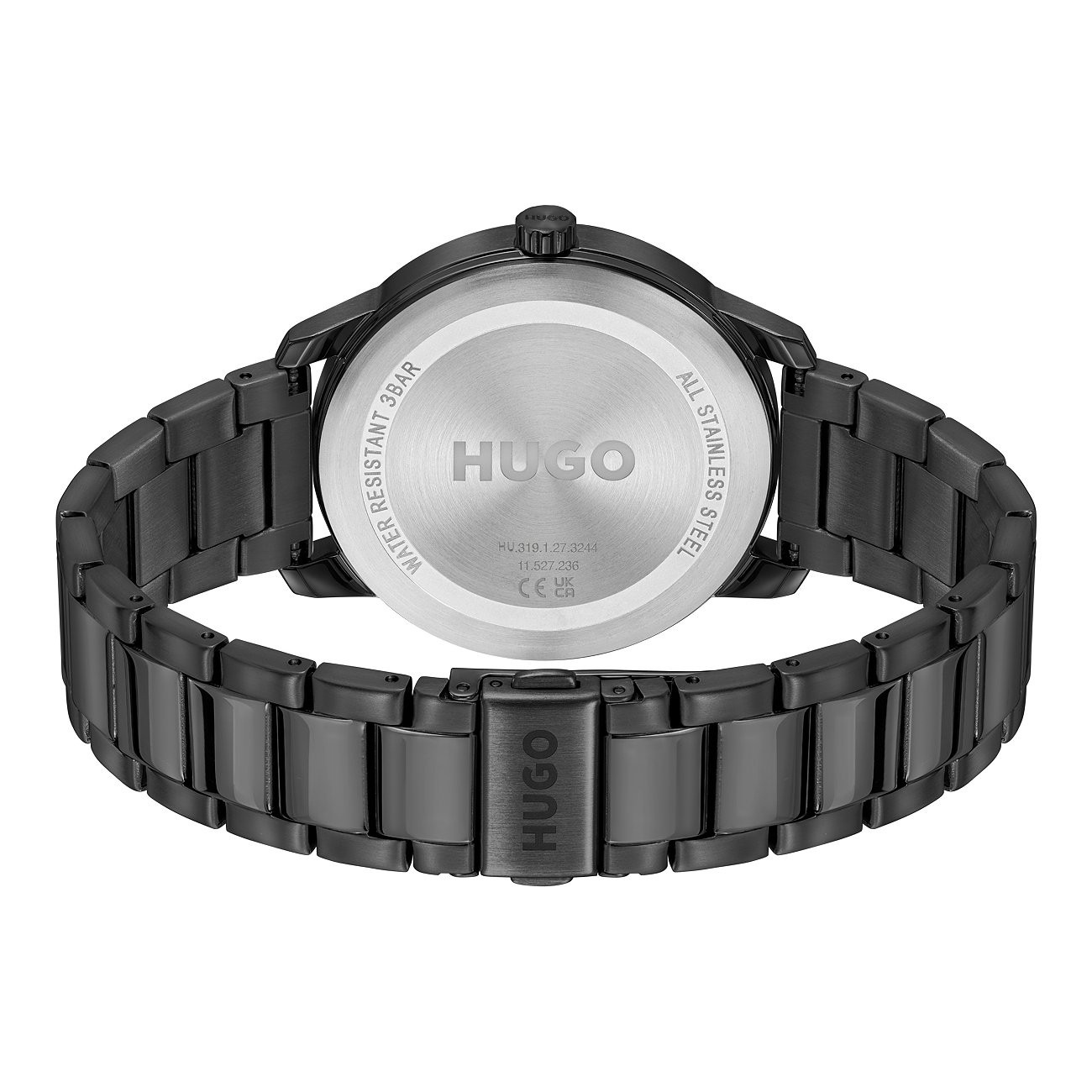 Hugo Herrenuhr mit Edelstahlgehäuse, analog, schwarzes Armband.