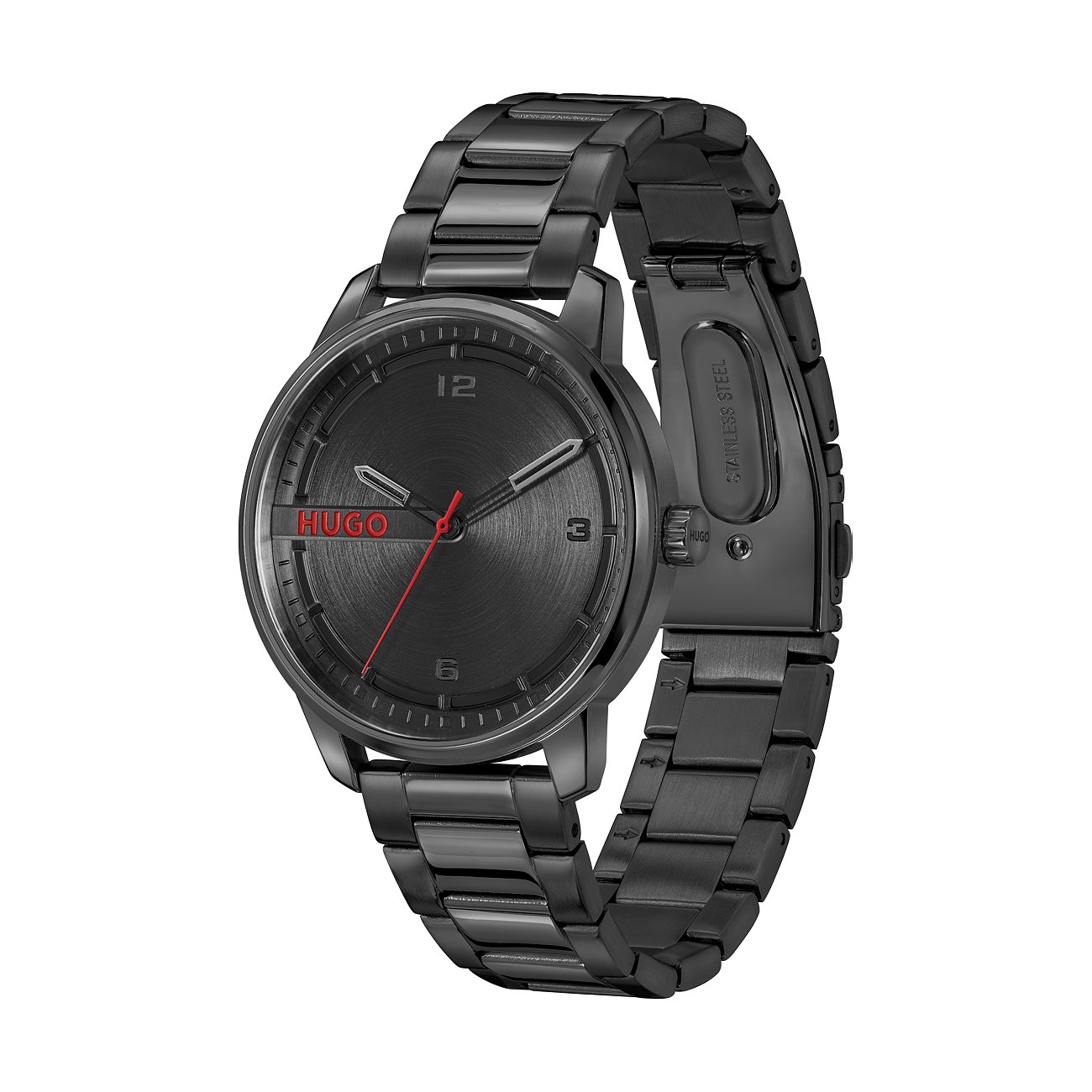 Hugo Herrenuhr mit Edelstahlgehäuse, schwarzes Zifferblatt und rotem Akzent.