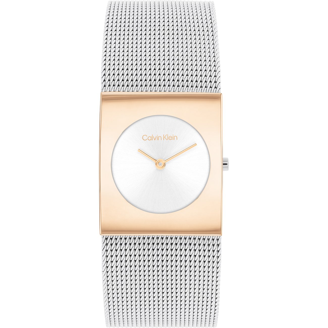 Calvin Klein Damenuhr mit Edelstahlgehäuse, roségoldfarben und silberfarbenem Mesh-Armband.
