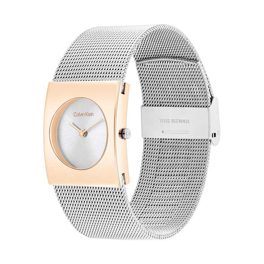 Calvin Klein Damenuhr mit Edelstahlgehäuse, roségoldfarben und silberfarbenem Mesh-Armband.