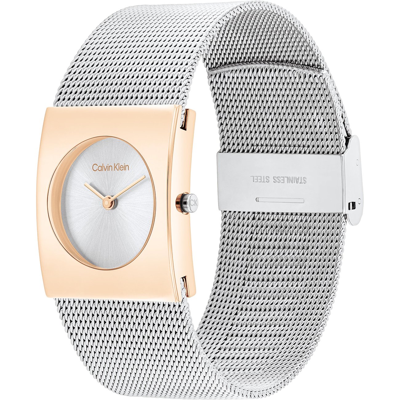 Calvin Klein Damenuhr mit Edelstahlgehäuse, roségoldfarben und silberfarbenem Mesh-Armband.