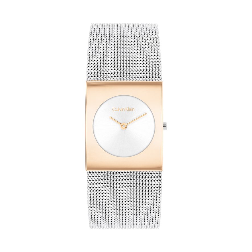 Calvin Klein Damenuhr aus Edelstahl mit silberfarbenem Mesh-Armband und roséfarbenem Gehäuse.