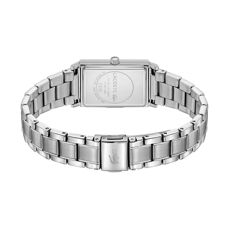 Lacoste dameshorloge van roestvrij staal, rechthoekige kast, zilverkleurige armband.