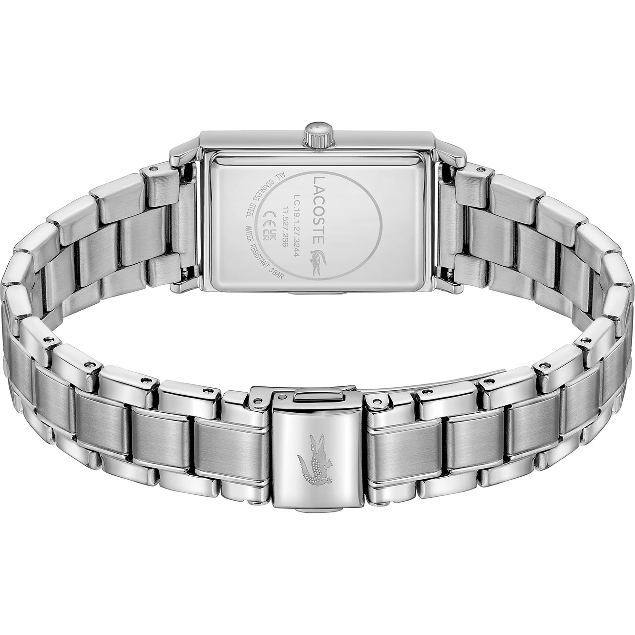 Lacoste dameshorloge van roestvrij staal, rechthoekige kast, zilverkleurige armband.