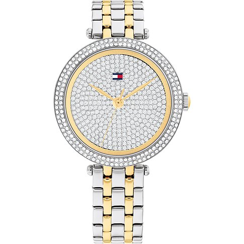 Tommy Hilfiger Damenuhr aus bicolor Edelstahl mit rundem, goldfarbenem Zifferblatt und funkelnden Glassteinen.