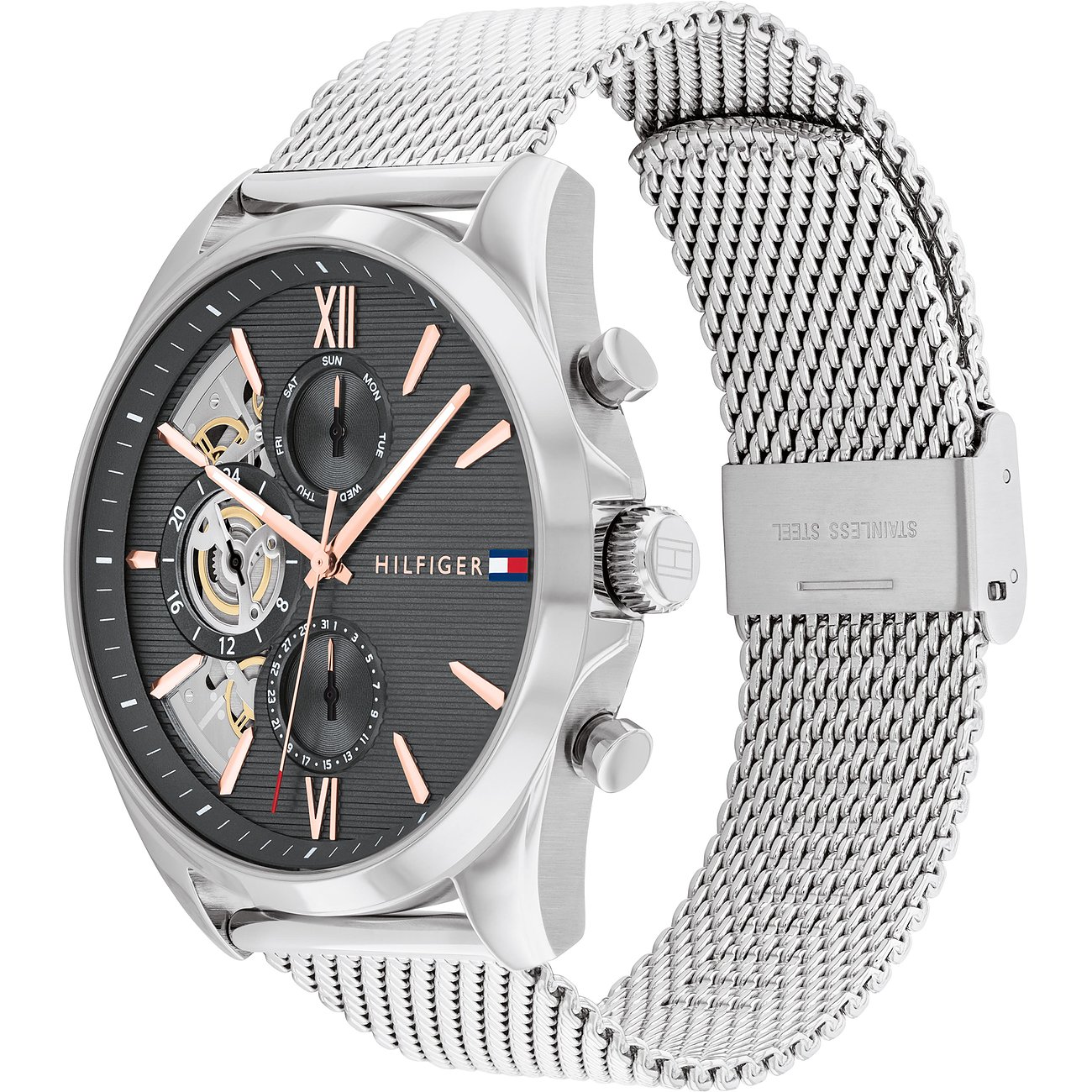 Tommy Hilfiger Herrenuhr mit Edelstahlgehäuse und Mesh-Armband, analog.