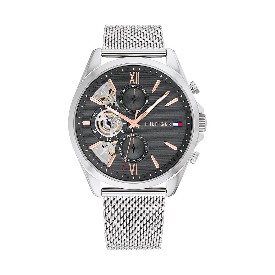 Tommy Hilfiger Herrenuhr mit Edelstahlgehäuse, analog und mit silberfarbenem Mesh-Armband.