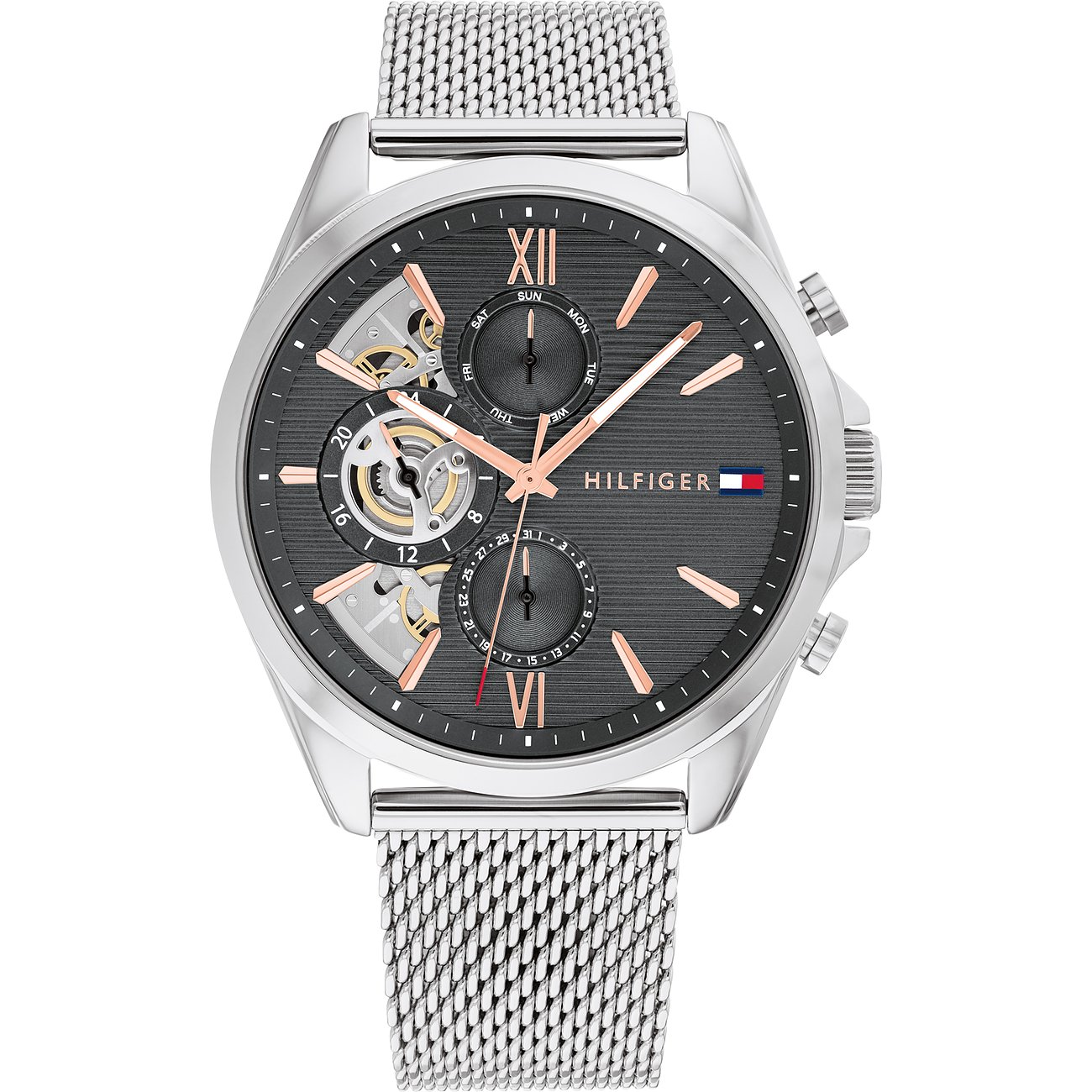 Tommy Hilfiger Herrenuhr mit Edelstahlgehäuse, analog und mit silberfarbenem Mesh-Armband.