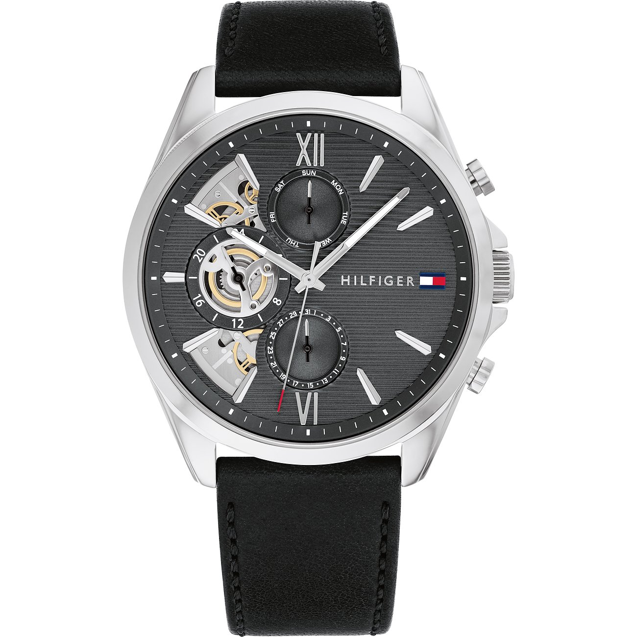 Tommy Hilfiger Herrenuhr mit Edelstahlgehäuse, schwarzem Zifferblatt und Lederarmband.