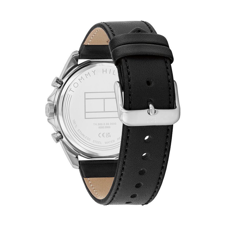Tommy Hilfiger Herrenuhr mit Edelstahlgehäuse und schwarzem Lederarmband.