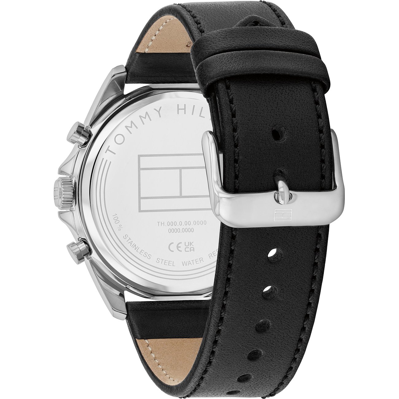 Tommy Hilfiger Herrenuhr mit Edelstahlgehäuse und schwarzem Lederarmband.