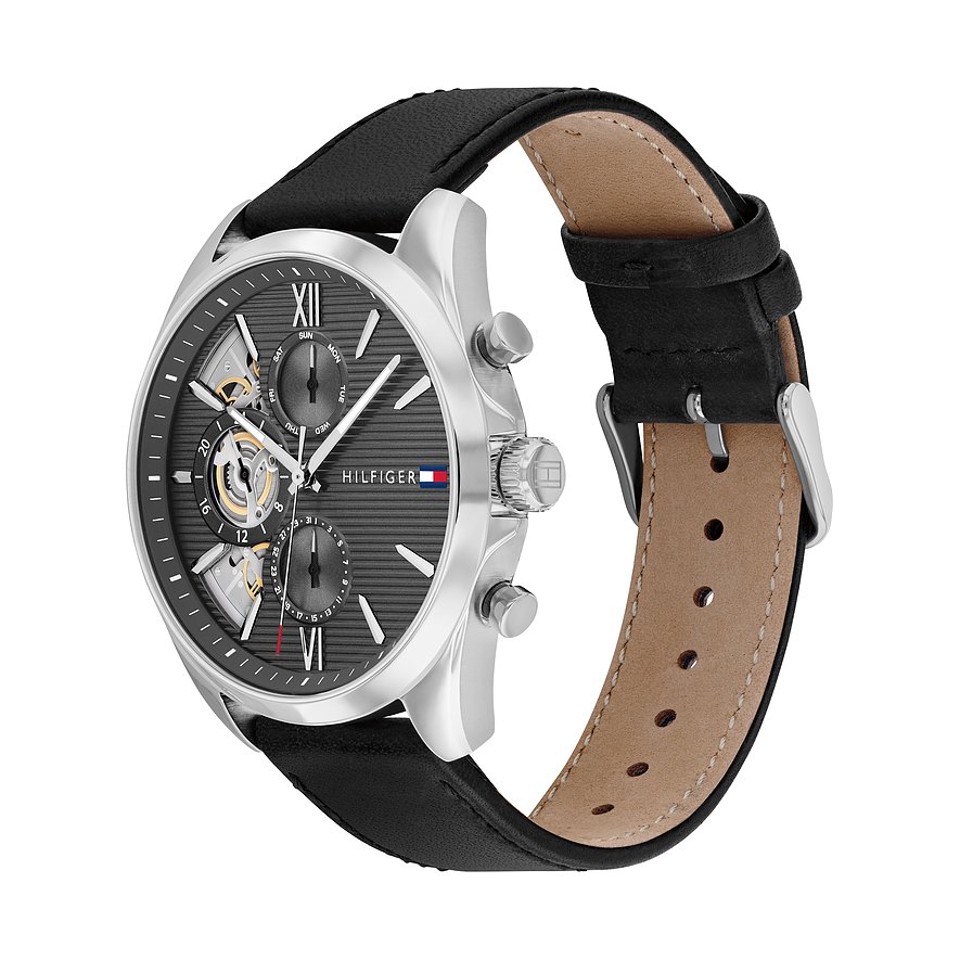 Tommy Hilfiger Herrenuhr mit Edelstahlgehäuse, analog und mit Datumsanzeige.