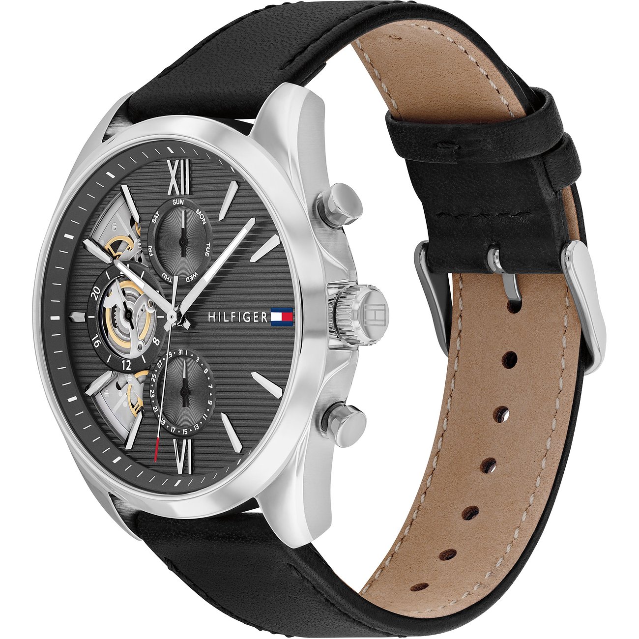 Tommy Hilfiger Herrenuhr mit Edelstahlgehäuse, analog und mit Datumsanzeige.