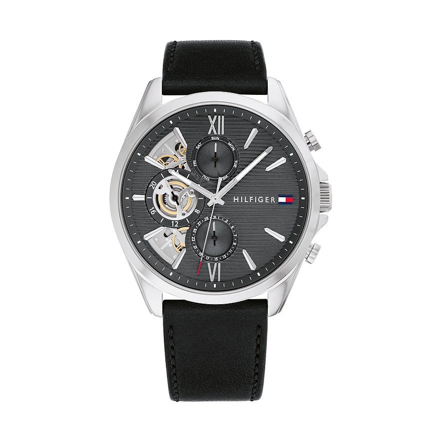 Tommy Hilfiger Herrenuhr mit Edelstahlgehäuse, silberfarben, mit Skelett-Detail.