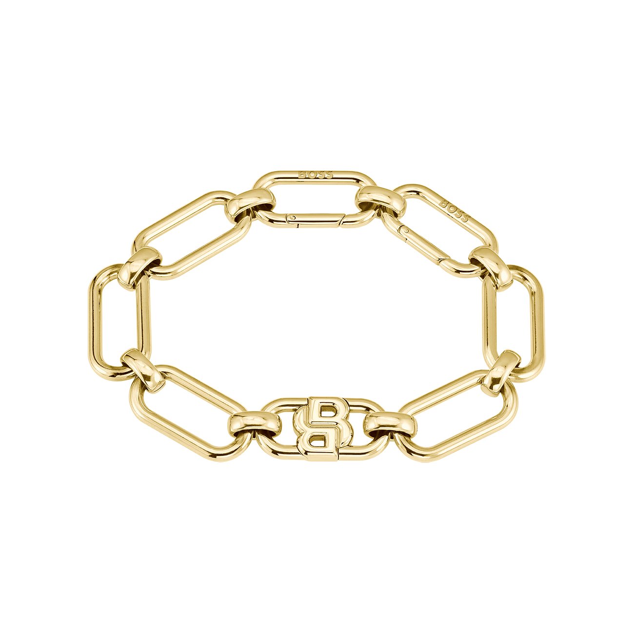 Boss Ketten-Armband aus goldfarbenem Edelstahl mit Boss-Schriftzügen auf einzelnen Gliedern und einem B-Verschluss.