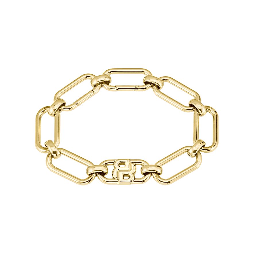 Boss Kettenarmband aus poliertem, goldfarbenem Edelstahl mit großen, abgerundeten Gliedern und Logo-Verschluss.