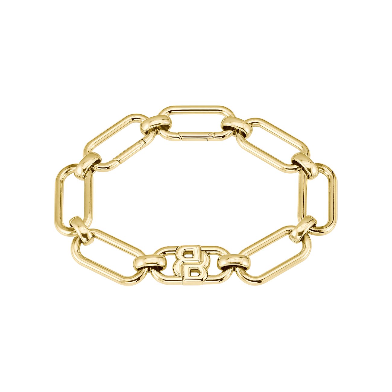 Boss Kettenarmband aus poliertem, goldfarbenem Edelstahl mit großen, abgerundeten Gliedern und Logo-Verschluss.