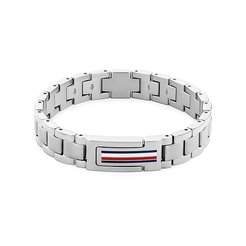 Tommy Hilfiger Armband aus Edelstahl mit rotem, weißem und blauem Streifenmuster auf dem Verschluss.