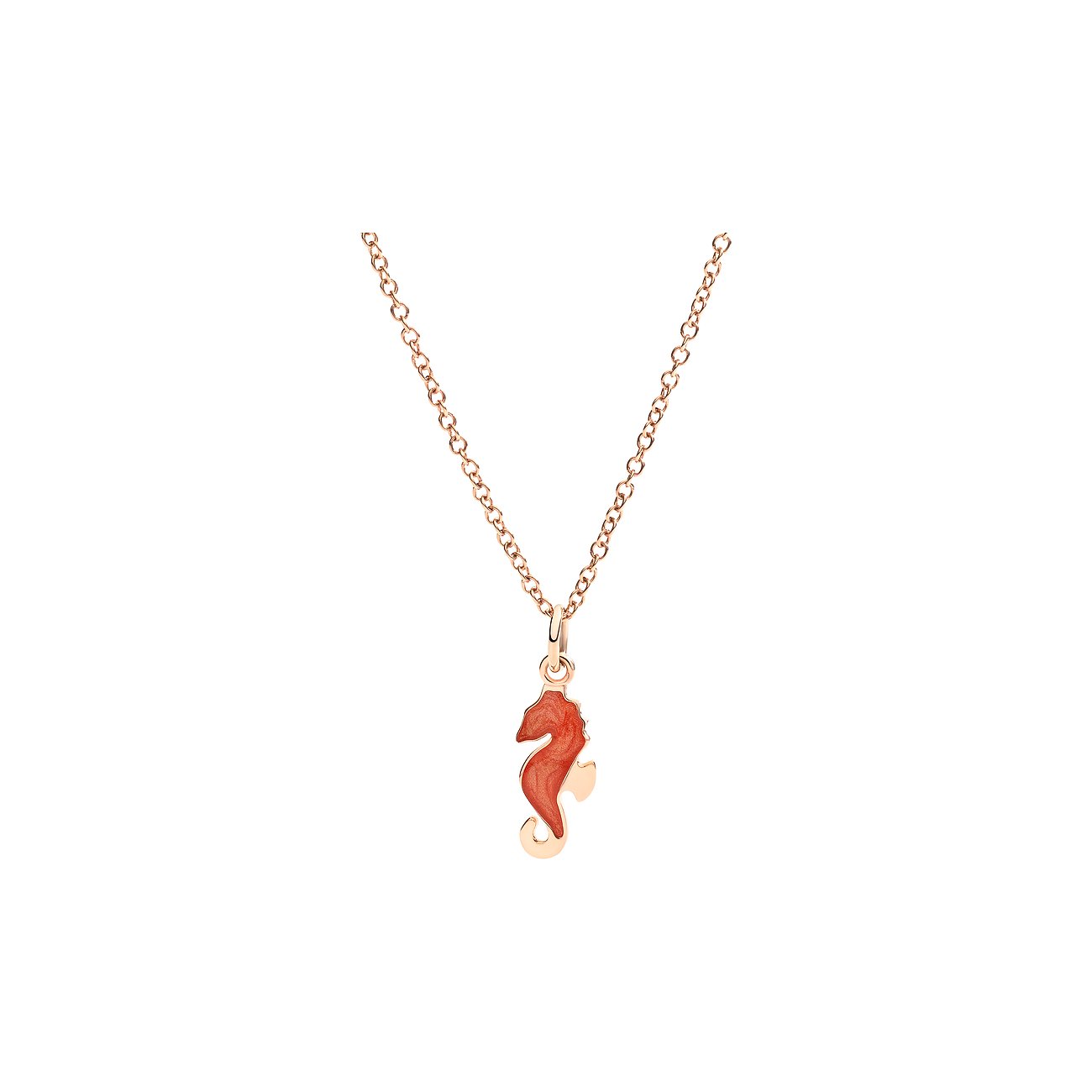 DoDo Anhänger als Seepferdchen aus 375 Roségold mit roter Emaille.