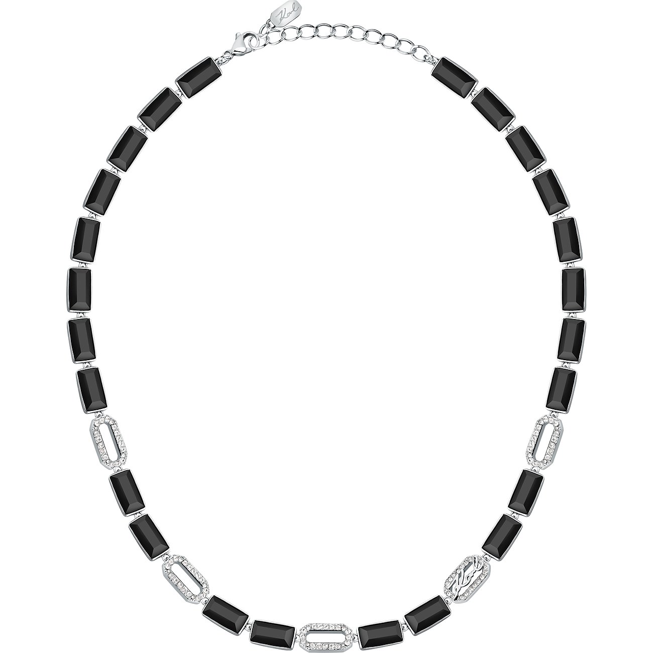Karl Lagerfeld Halsschmuck aus Edelstahl mit schwarzen Kristallen und Zirkonia.