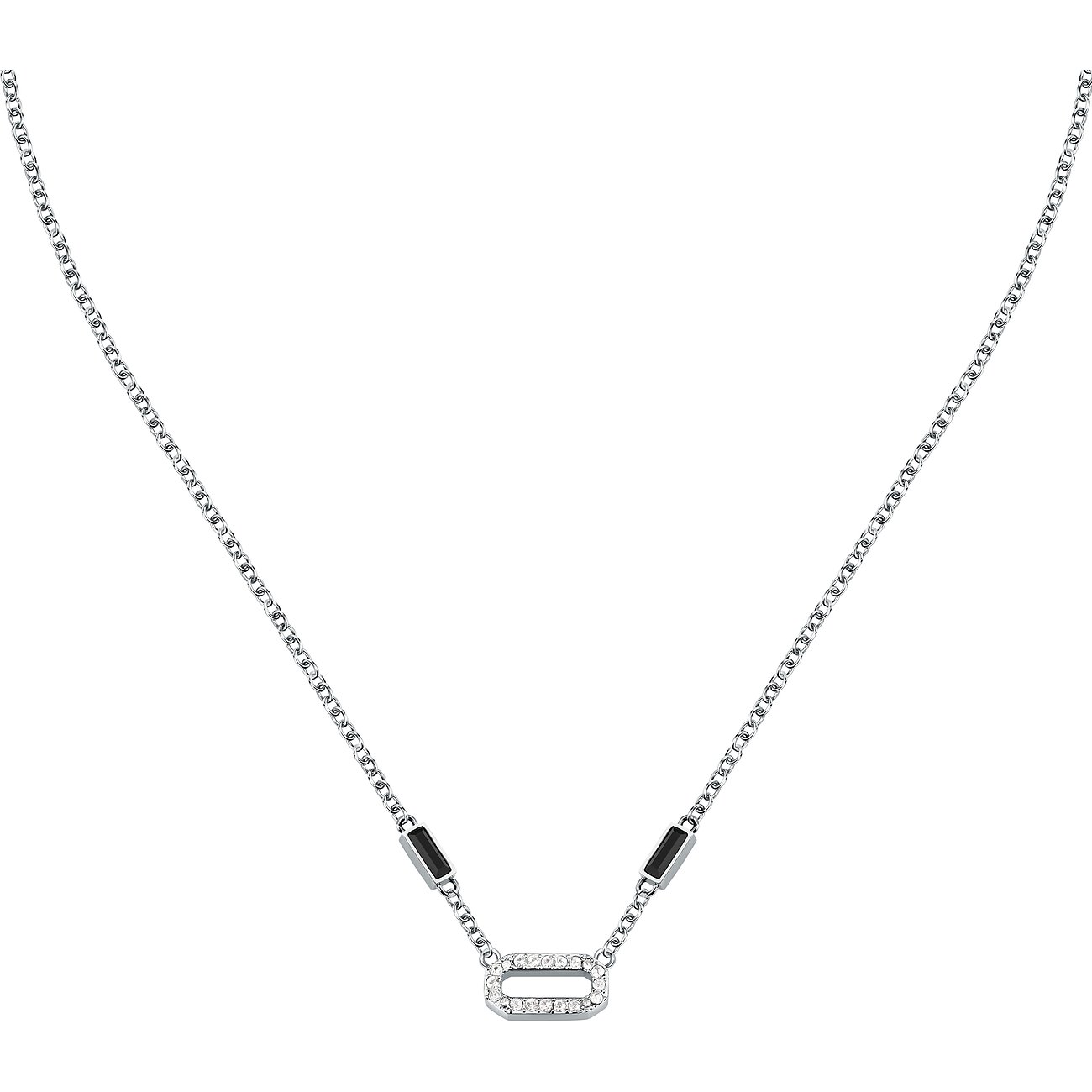 Karl Lagerfeld Kette aus Edelstahl mit Kristallen und einem schwarzen Stein.