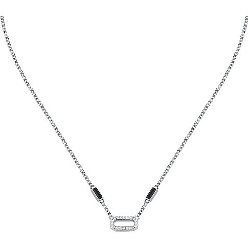 Karl Lagerfeld Kette aus Edelstahl mit Kristallen und einem schwarzen Stein.