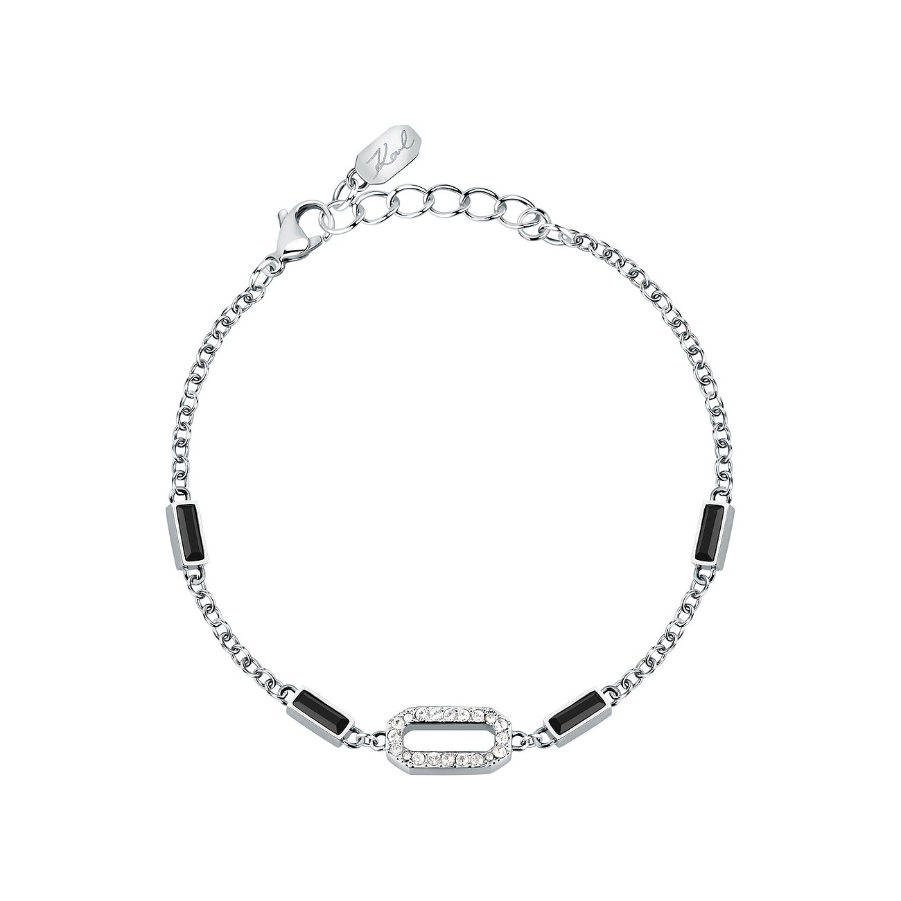 Karl Lagerfeld armbånd i rustfrit stål med sorte krystaller og zirkonia.
