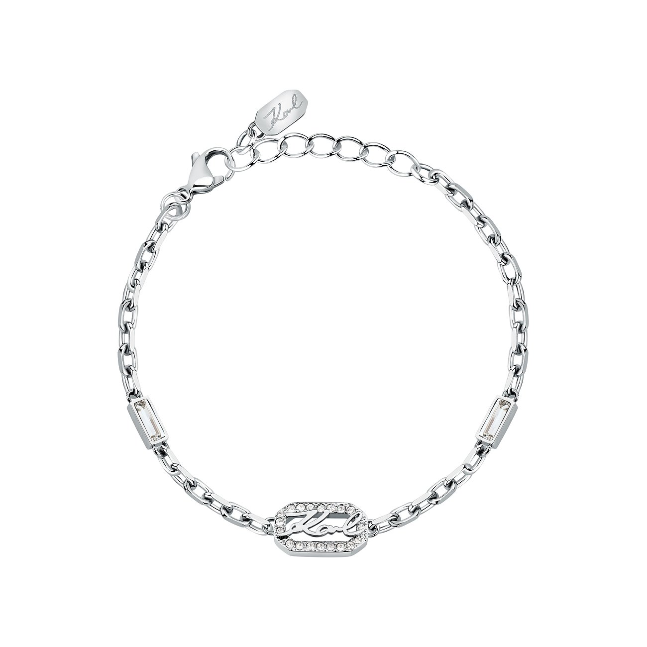 Karl Lagerfeld Armband aus Edelstahl mit Kristallen und ovalem Logo-Anhänger.