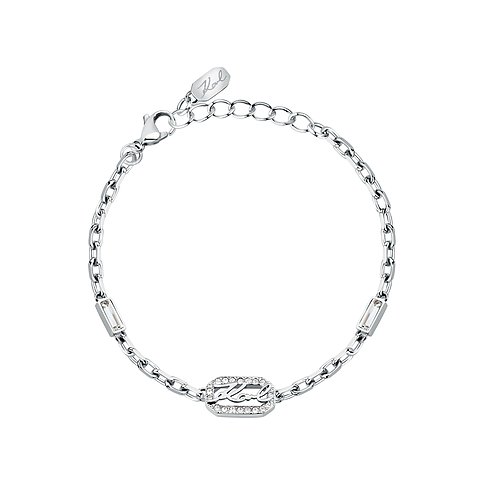 Karl Lagerfeld Armband aus Edelstahl mit Kristallen und ovalem Logo-Anhänger.