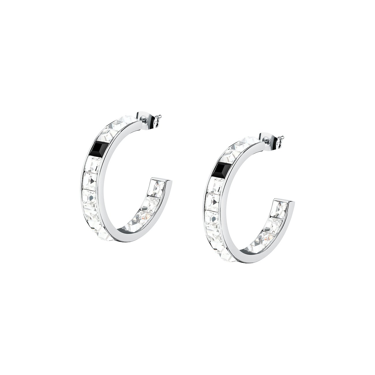 Karl Lagerfeld creoler i rustfrit stål med krystaller og sort sten.