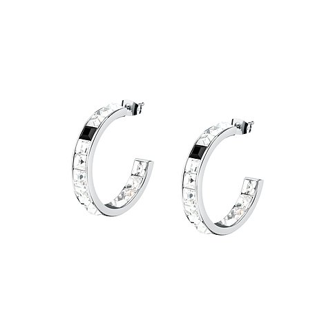 Karl Lagerfeld creoler i rostfritt stål med kristaller och svart sten.