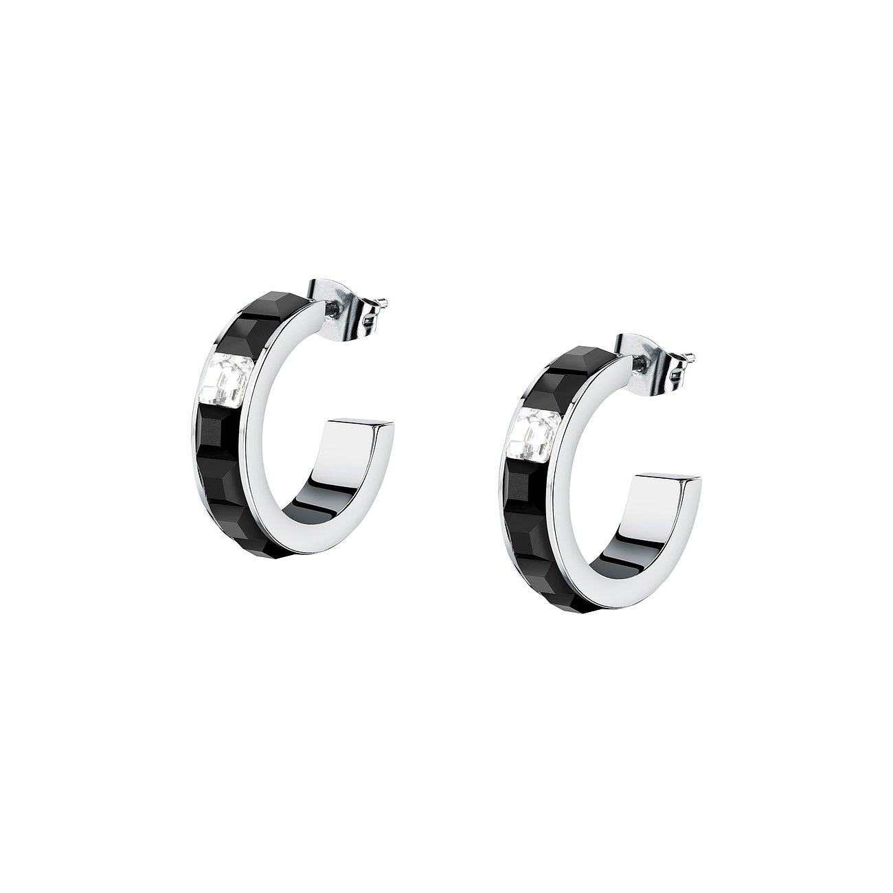 Karl Lagerfeld örhängen i rostfritt stål med svarta kristaller och klara stenar.