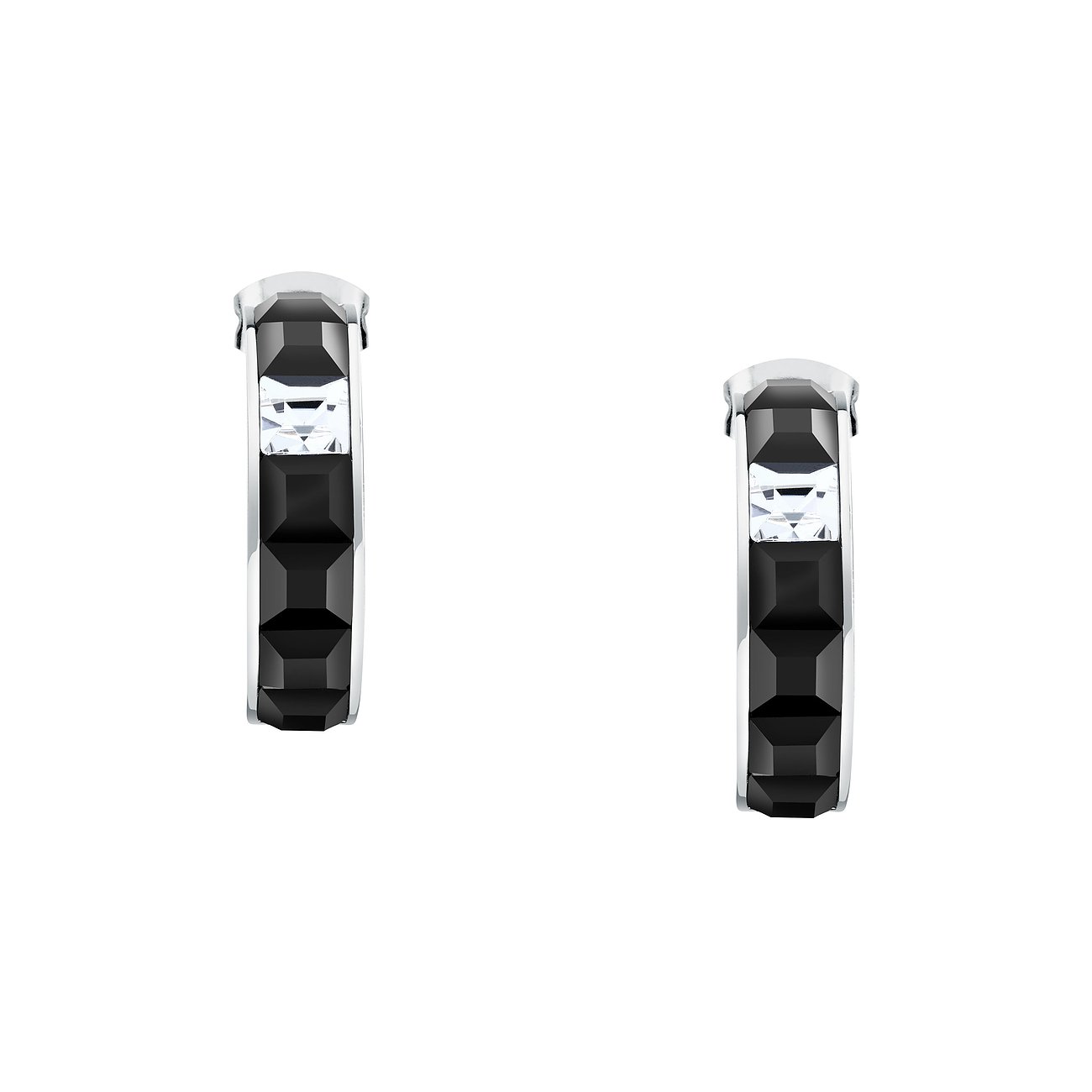 Karl Lagerfeld creoler i rostfritt stål med svarta kristaller och vita stenar.