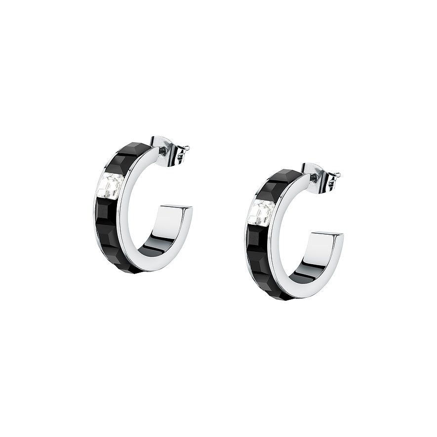 Karl Lagerfeld creoler i rostfritt stål med svarta kristaller och klara kristaller.