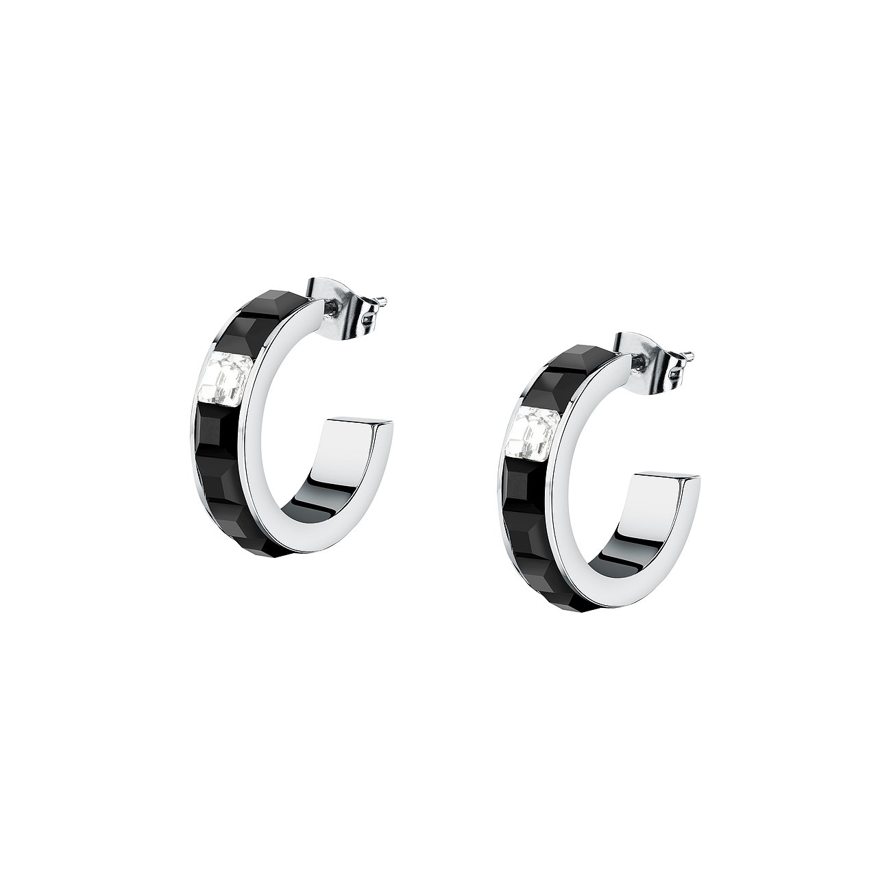 Karl Lagerfeld creoler i rostfritt stål med svarta kristaller och klara kristaller.