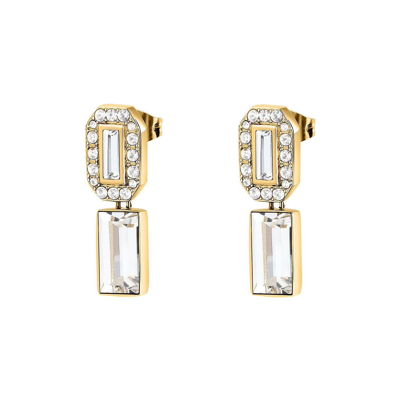 Karl Lagerfeld Ohrringe aus Edelstahl mit Kristallen, goldfarben, rechteckig.