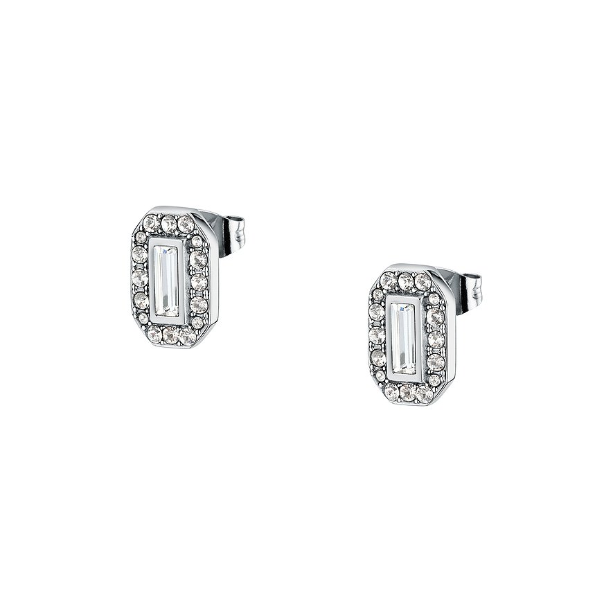 Boucles d'oreilles Karl Lagerfeld en acier inoxydable avec cristaux, rectangulaires.