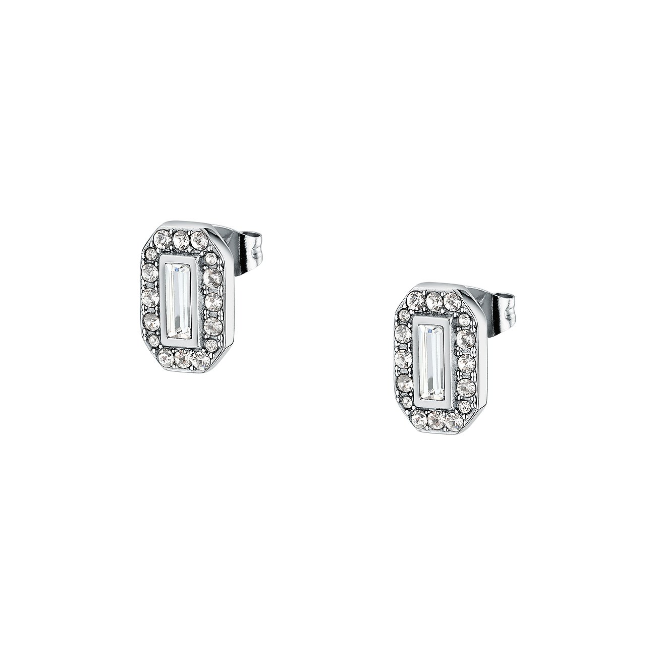 Boucles d'oreilles Karl Lagerfeld en acier inoxydable avec cristaux, rectangulaires.