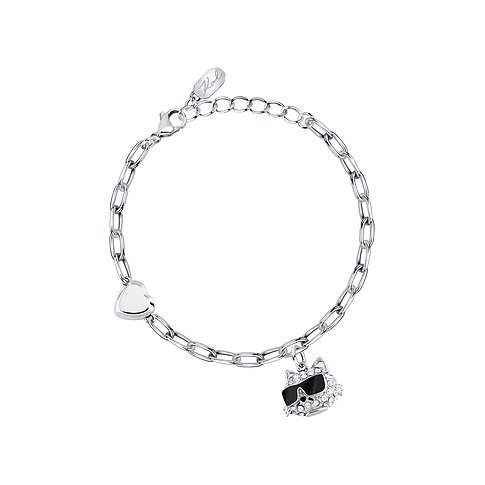 Bracelet Karl Lagerfeld en acier inoxydable avec breloque chat en cristal et cœur.