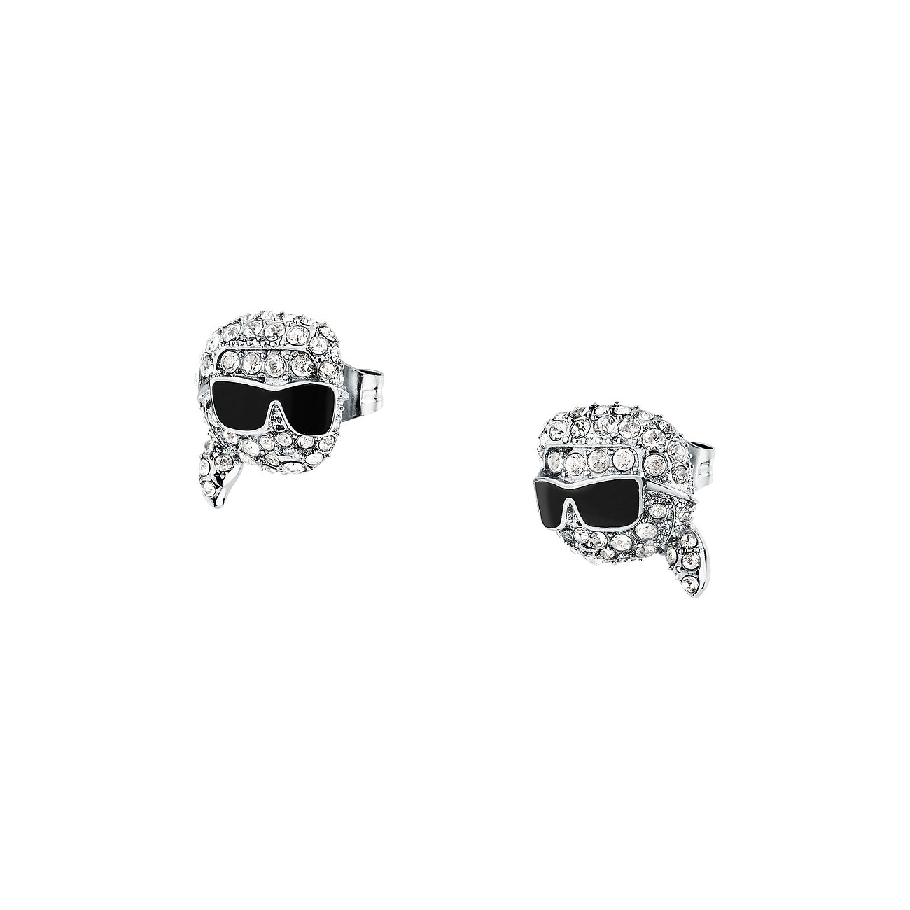Karl Lagerfeld Ohrringe aus Edelstahl mit Kristallen, schwarze Sonnenbrille.