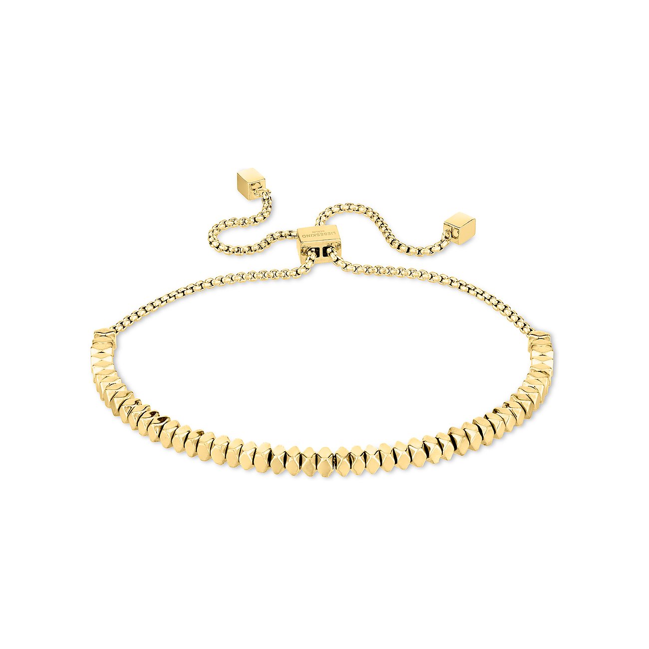 Liebeskind armband van roestvrij staal, goudkleurig, met kubussluiting.