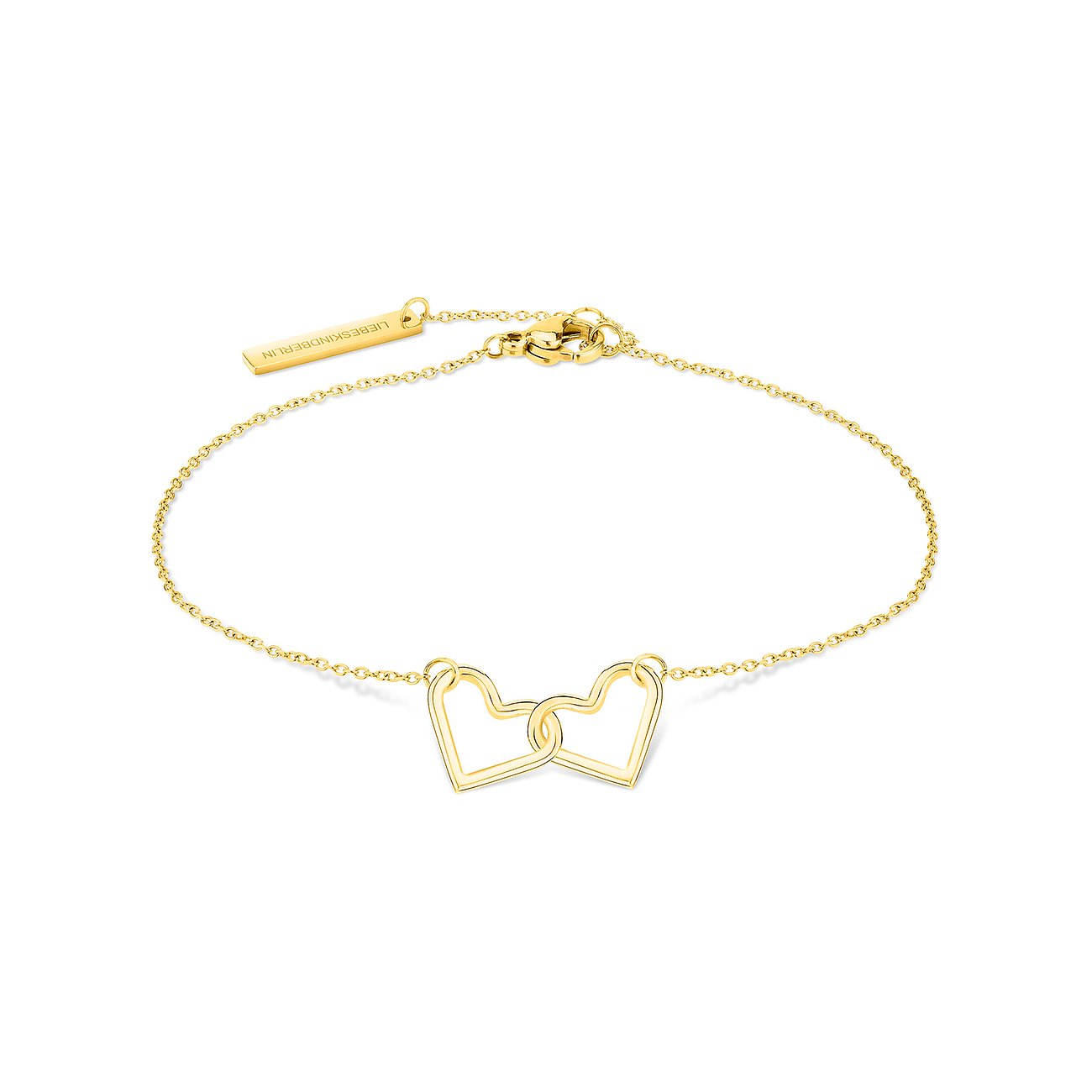 Liebeskind vergoldetes Edelstahl-Armband mit zwei verschlungenen Herzen und Markenemblem.