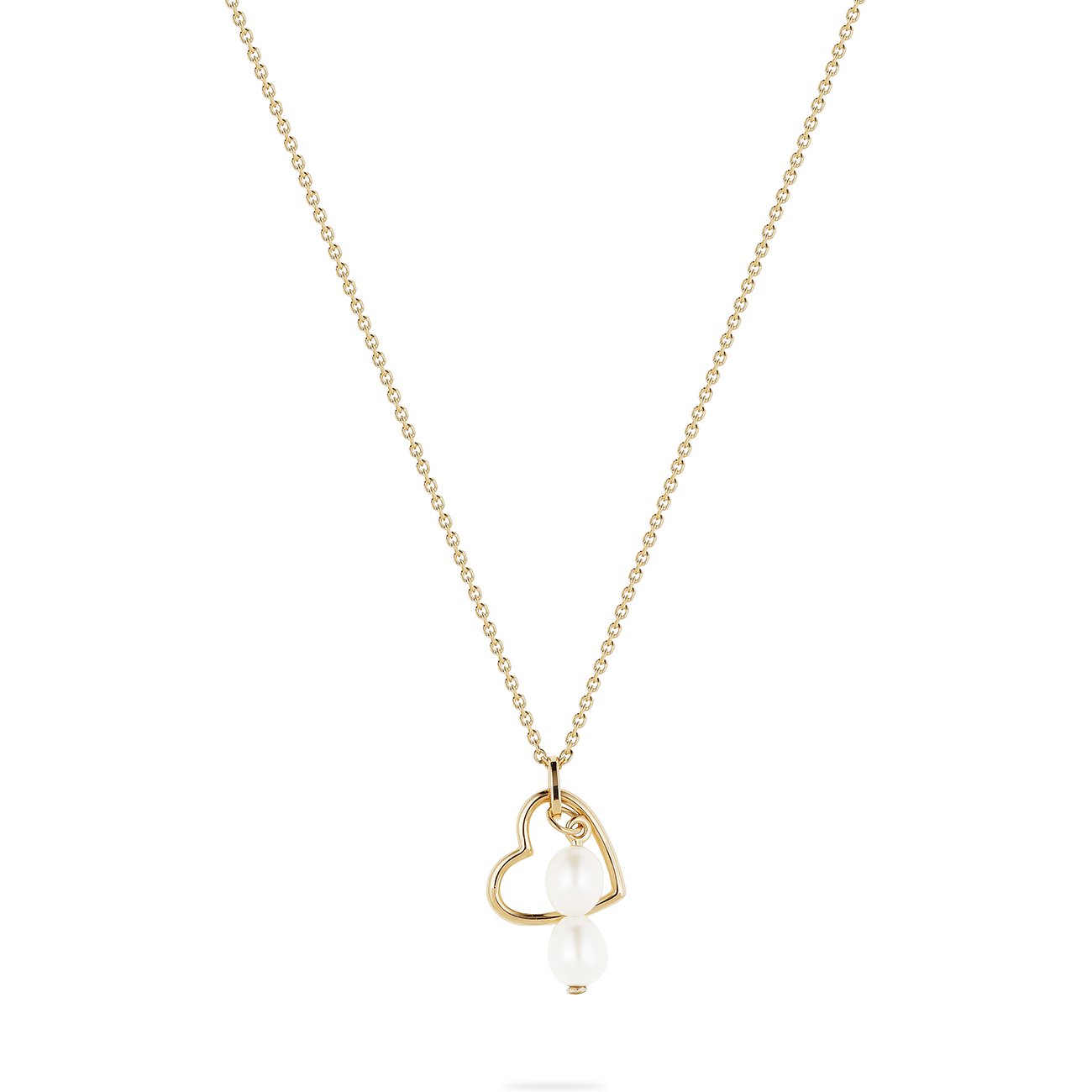CHRIST Halsschmuck aus 585 Gelbgold mit einem Herzanhänger und zwei hängenden Perlen.