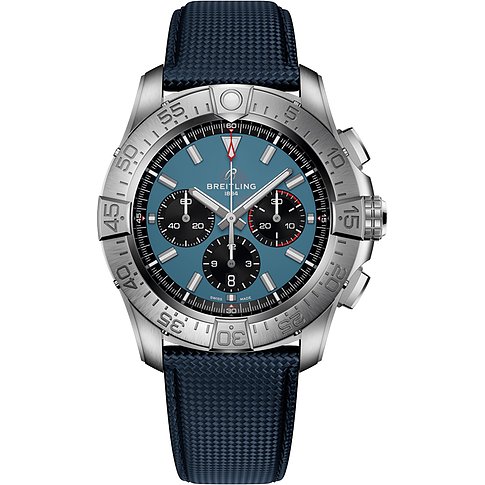 Breitling Herrenuhr mit Titan-Gehäuse, blauem Zifferblatt und Chronograph.